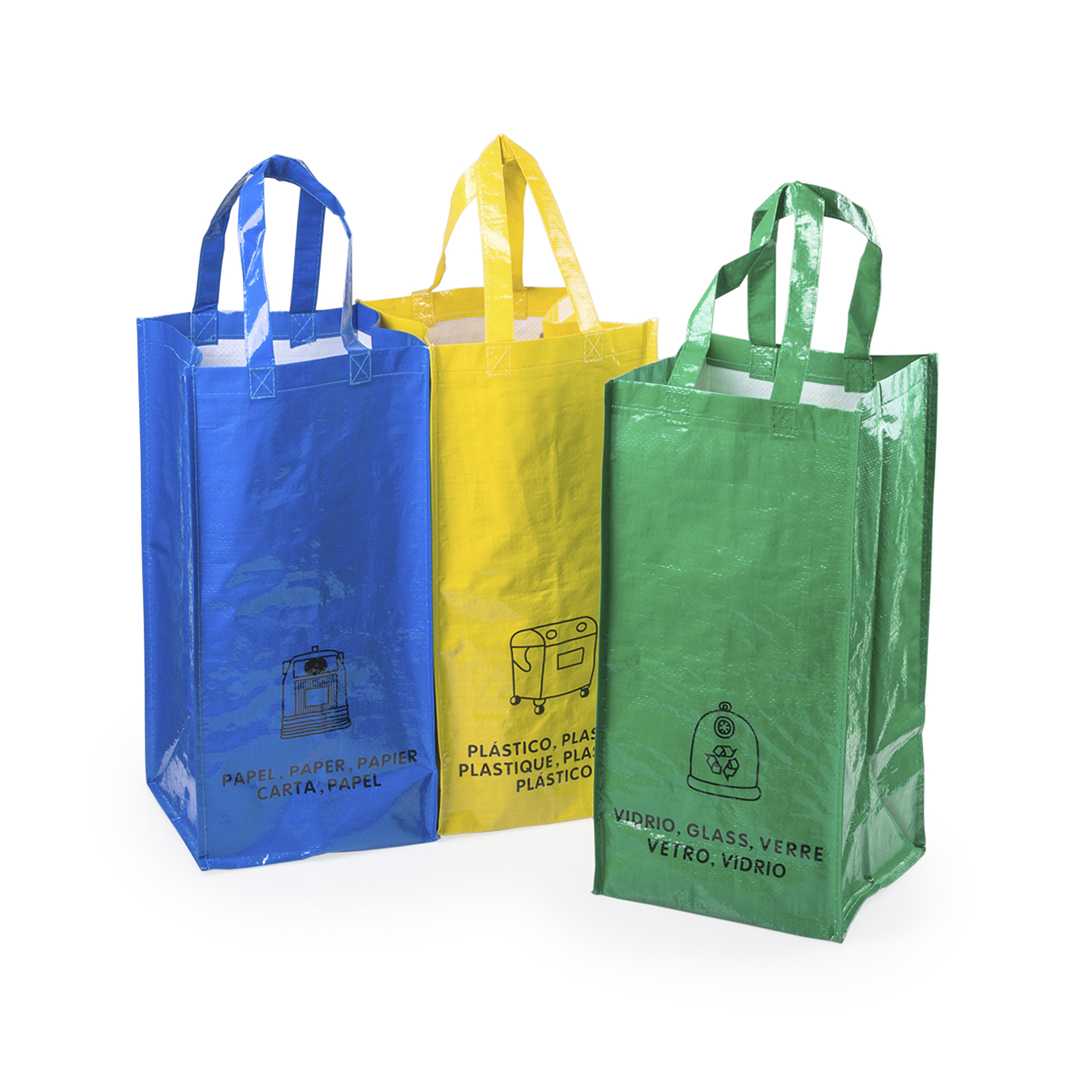 Set de 3 bolsas para reciclaje de papel, vidrio y plástico