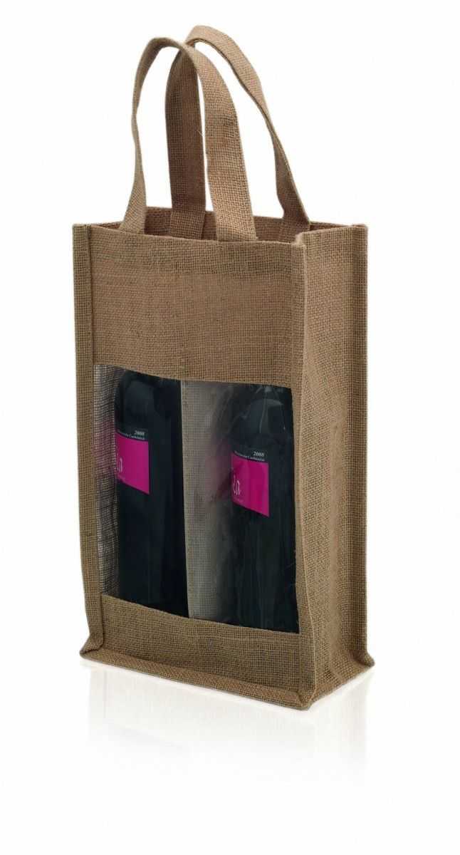 Resistente bolsa personalizada de yute laminado con compartimento individual para 2 botellas de vino de 75 cL. Con ventana transparente, ribetes y asas reforzadas.Medidas: 20x35,5x10 cmPeso: 135 gÁrea máxima de marcaje: 60x110 mmMaterial: Yute laminado
